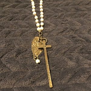Boutique pearl and brass necklace w brass charms
